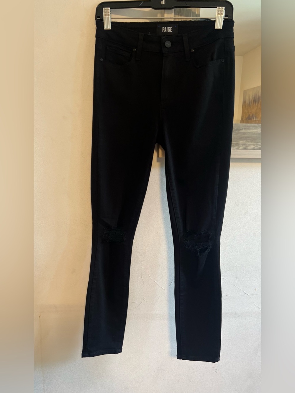 PAIGE Black Skinny Jeans with Knee Distress